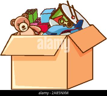 Box full of toys on white background illustration Stock Vector