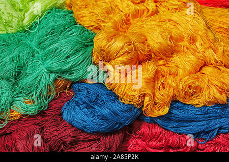 Dyed new wool in the medina of Marrakech. Stock Photo