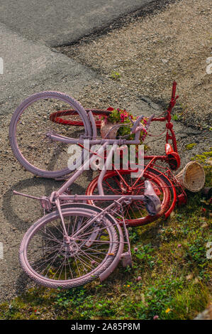 Two painted bicycles - red and pink lies on earth Stock Photo