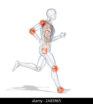 Medically 3D illustration showing painful osteoarthritic knee joint, hip joint, wrist joint, hand joint, shoulder joint, foot joint and shoulder joint Stock Photo