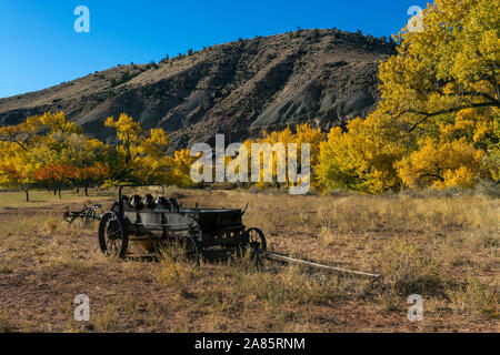 Old Rustic Wooden Farming Wagon in the Fruita District of Capital Reef National Park Stock Photo