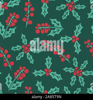 Vector seamless pattern with hand drawn doodle illustration of Christmas holly berry. Red berries with green leaves on dark green background. New Year Stock Vector