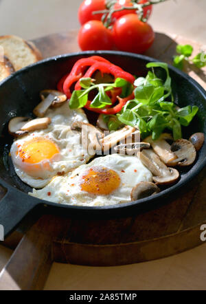 Fried Eggs In A Frying Pan With Cherry Tomatoes Stock Photo