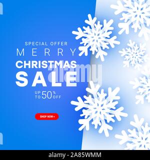 Minimalistic style Merry Christmas sale banner with paper cut cold snowflakes elements flying chaotically in the air with discount text for Christmas Stock Vector