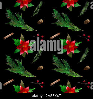 Seamless pattern watercolor Christmas symbol on black background. Stock Photo