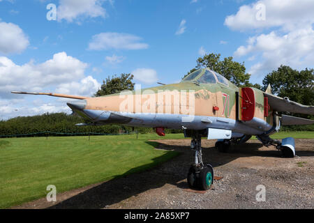 A Mikoyan-Gurevich MiG-27K “Flogger” ground-attack aircraft on display at the Newark Air Museum, Nottinghamshire, England. Stock Photo