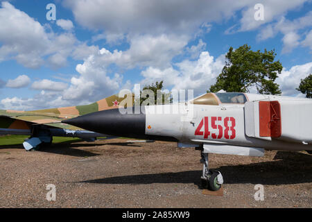 Nose section of a Mikoyan-Gurevich MiG-23ML “Flogger' interceptor aircraft on display at the Newark Air Museum, Nottinghamshire, England. Stock Photo