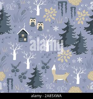 Winter seamless vector pattern with doodle forest landscape. Stock Vector