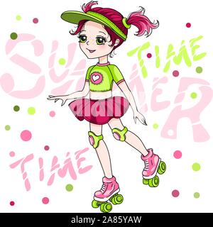 Vector cute red-head baby girl in skirt rollerblading Stock Vector