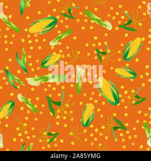 Cute seamless pattern with cartoon corn and corn grains Stock Vector