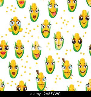 Cute seamless pattern with cartoon emoji corn Stock Vector