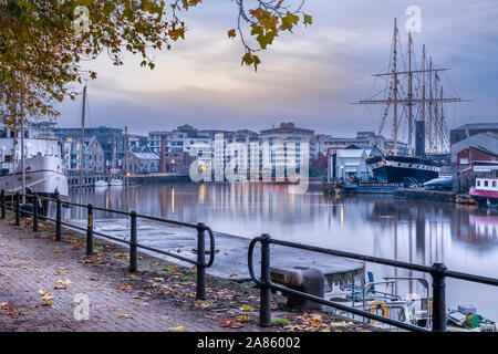 Isambard Kingdom Brunel's SS Great Great Britain sits in her dock on a cold and overcast morning in November on the River Avon in Bristol. Stock Photo