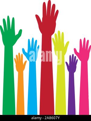 Cartoon colorful raised hands, volunteer, voting concept. Stock Vector