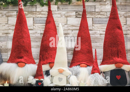 Olympia London, London, UK. 6th Nov, 2019. Cute Christmas gnomes at the Choices of Scandinavia stand. This year's Spirit of Christmas Fair presents an unrivalled collection of 900 independent boutique retailers and designer-makers as well as over 100 artisan food producers at the majestic Olympia London exhibition halls. The fair is an exclusive Christmas shopping experience open to the public, and runs unitl Nov 10th this year. Credit: Imageplotter/Alamy Live News Stock Photo
