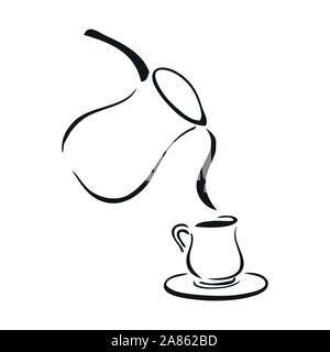 Black and white tea pot pouring into a cup Stock Vector