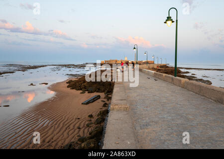 Paseo Fernando Quinones leading to the Castillo de san sebastian at low tide in the early morning, Cadiz, Andalucia, Spain, Europe Stock Photo