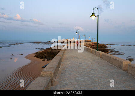 Paseo Fernando Quinones leading to the Castillo de san sebastian at low tide in the early morning, Cadiz, Andalucia, Spain, Europe Stock Photo