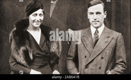 Amy Johnson and her husband Jim Mollison, seen here on their wedding day, 1932.  Amy Johnson, 1903 - disappeared 5 January 1941. Pioneering English female pilot who was the first woman to fly solo from London to Australia.  James Allan Mollison, 1905 –1959.  Scottish pioneer aviator.  From The Pageant of the Century, published 1934. Stock Photo