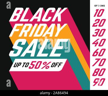 Black Friday Sale Up to 50% off vector banner sign with perspective sans-serif font and long colorful shadows on black background and discount options Stock Vector