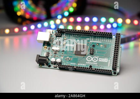 Arduino Mega2560 displayed with LED strip. Stock Photo