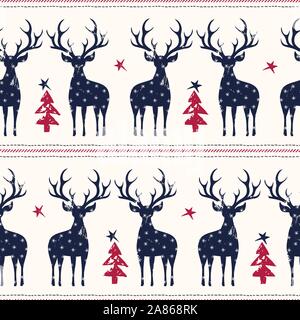 Winter Holidays Vector Seamless Horizontal Border with Balck Hand-Stamped Deer, Black Fir Trees, Stars, Snowflakes, Horizontal Stitch Stripes on White Stock Vector