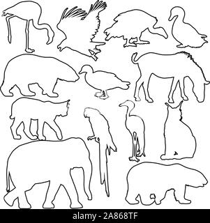 Silhouette elephant bear eagle trot duck zebra parrot on a white background. Stock Vector