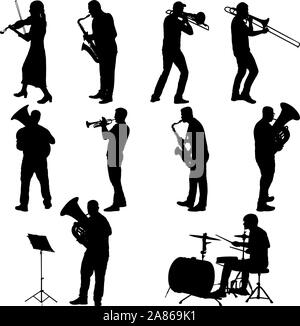 Set silhouette of musician playing the trombone, drummer, tuba, trumpet, saxophone, violin on a white background. Stock Vector