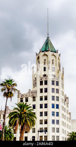 Los Angeles, California, USA, March 2019, view of the top half of the Hollywood First National Building on Hollywood Boulevard