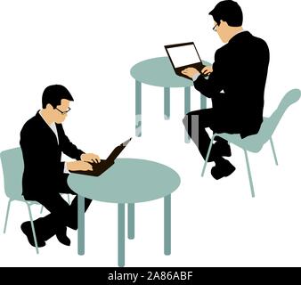 Black silhouette two men sitting behind computer, on a white background. Stock Vector