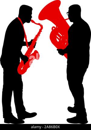 Silhouette of musician playing the saxophone and tuba on a white background. Stock Vector