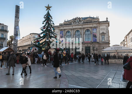 Montpellier, France - January 2, 2019: Street atmosphere in front of the Montpellier Opera Orchestra Montpellier Occitanie decorated for Christmas on Stock Photo