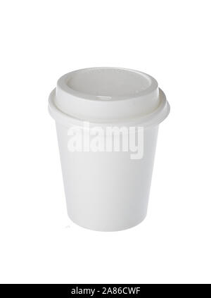 Disposable paper cup with closed plastic lid isolated on white. Stock Photo