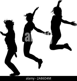 Silhouette of three young girls jumping with hands up, motion. Stock Vector