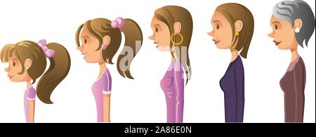 Ages of women cartoon progression Stock Vector