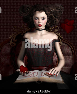 Gothic woman with hearts in her hands Stock Photo