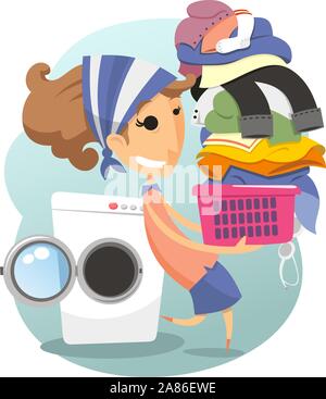 Laundry Woman domestic life laundromat washing clothes, vector illustration cartoon. Stock Vector