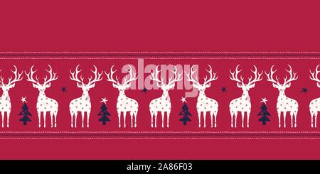 Winter Holidays Vector Seamless Horizontal Border with White Hand-Stamped Deers, Balack Fir Trees, Stars, Snowflakes, Horizontal Stitch Stripes on Red Stock Vector