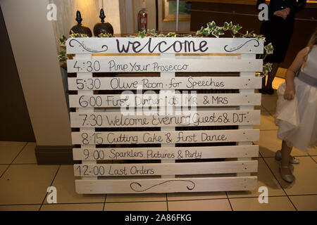wedding welcome board - wedding decoration - wedding timings for guests on a wedding day in England Stock Photo