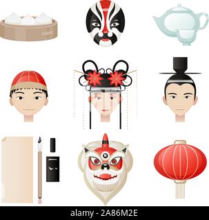 Chinese culture elements. Rice ball, Masks, Tea pot, tea cup, chinese mandarin hat, traditional chinese hat, chinese lantern, chinese lamp, writing qu Stock Vector