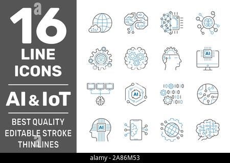 Artificial Intelligence and IoT thin icons set. AI, Iot, IIoT, Factory 4.0. Binary Code, Robot, Microchip, Smart Brain and other icons. Editable Stock Vector