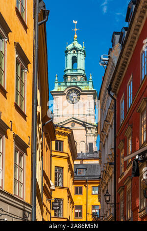 The Great Church or Church of St. Nicholas, Storkyrkan Clock Tower in Gamla Stan, Stockholm, Sweden. Stock Photo