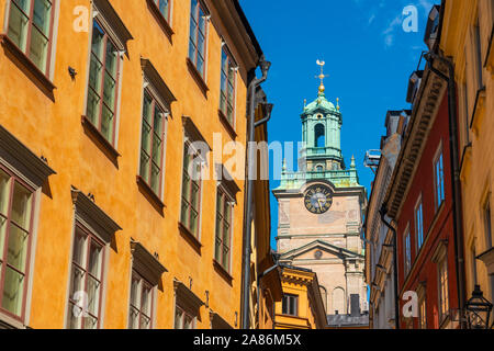 The Great Church or Church of St. Nicholas, Storkyrkan Clock Tower in Gamla Stan, Stockholm, Sweden. Stock Photo