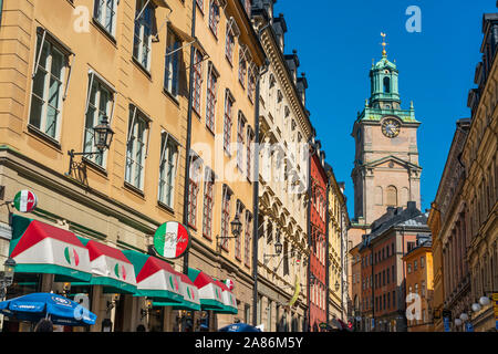 The Great Church or Church of St. Nicholas, Storkyrkan Clock Tower in Gamla Stan, Stockholm, Sweden. Stock Photo