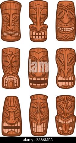 Hawaiian tiki god statue carved polynesian tikki ku lono wood vector illustration. Stock Vector