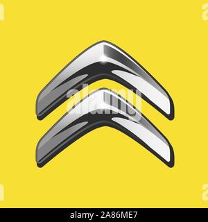 Vector of siver 3D Citroen logo with black side on yellow background. Stock Vector