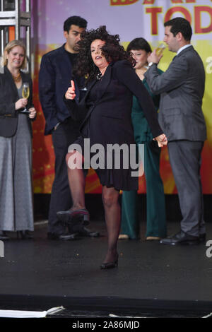 Host Dylan Dreyer dressed as Elaine Benes of 'Seinfeld' during NBC's 'Today' Halloween Celebration at Rockefeller Plaza on October 31, 2019 in New Yor