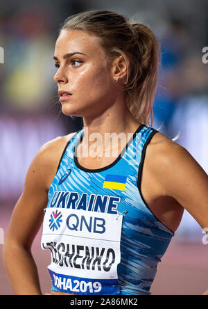 DOHA - QATAR SEPT 30: Yuliya Levchenko of Ukraine competing in the High Jump final on Day 4 of the 17th IAAF World Athletics Championships 2019, Kalif Stock Photo