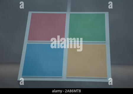 Microsoft logo seen in the Microsoft shop corner Oxford Circus and Regent Street, London, UK in November 2019. Stock Photo