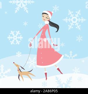 woman taking her dog for a walk in winter time with her pure breed dog. Stock Vector