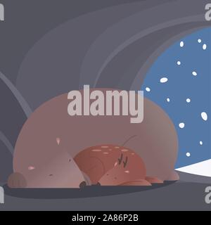Winter peaceful scene, a bear and a deer sleeping together while it is snowing outside. Vector illustration. Stock Vector